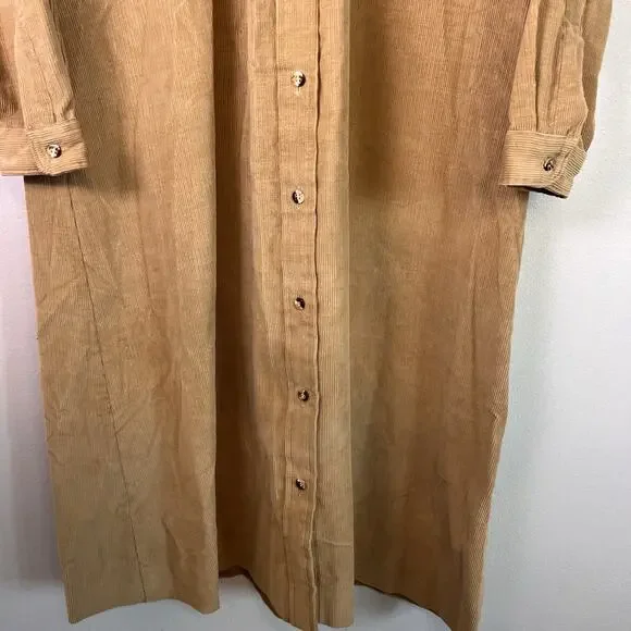 VTG LL Bean Corduroy Button Front Shirt Dress Womens Khaki Midi Pocket Size 16 - Picture 3 of 6